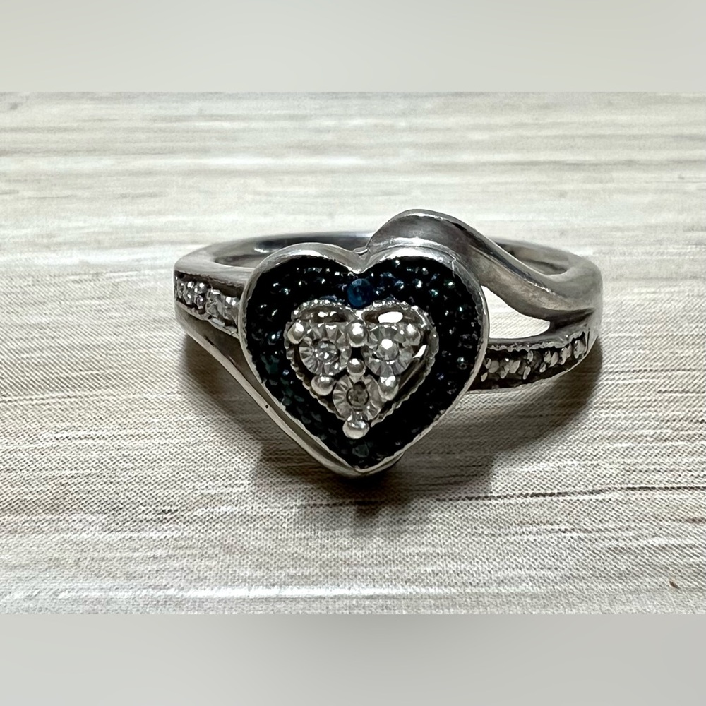 Vintage Designer Signed Sterling Silver Sapphire & Diamond Heart Ring, Size 6.5 - Picture 1 of 10